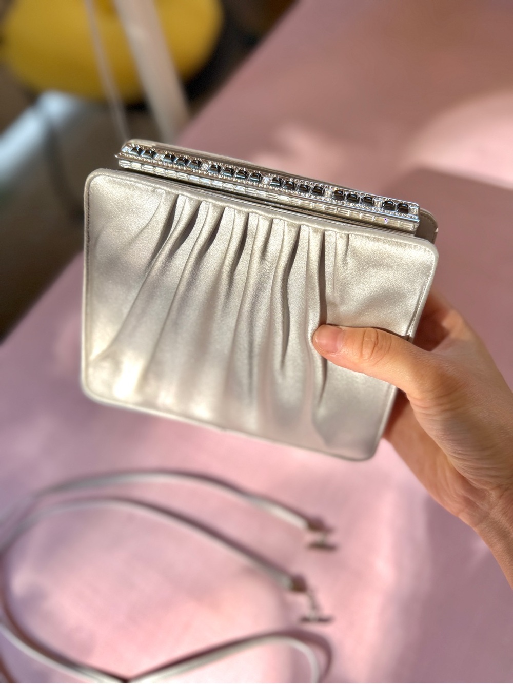 RARE Judith Leiber Silver Satin Crystal Frame Evening Bag